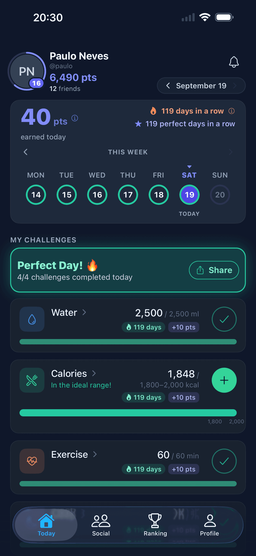 Today screen of the Meus Desafios (My Challenges) app with the day's four challenges