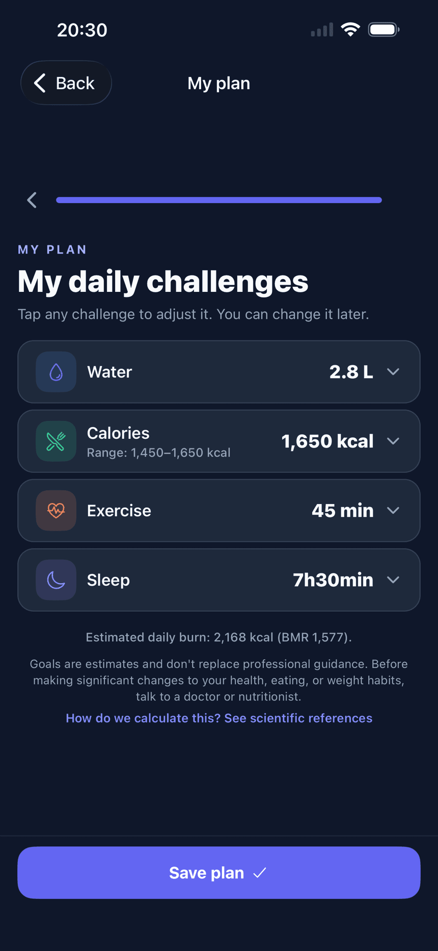 Personalized plan screen with the goals for the four challenges