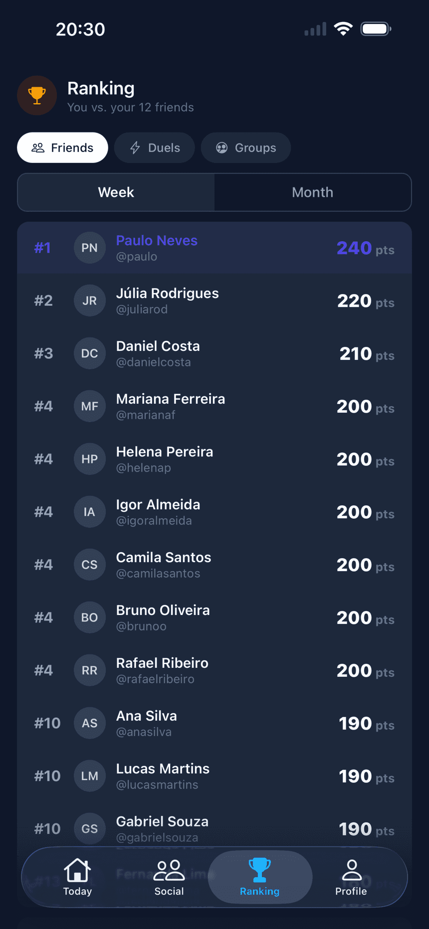 Friends ranking screen