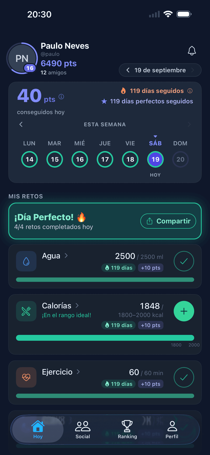 Pantalla Hoy de la app Meus Desafios (Mis Desafíos) con los cuatro retos del día