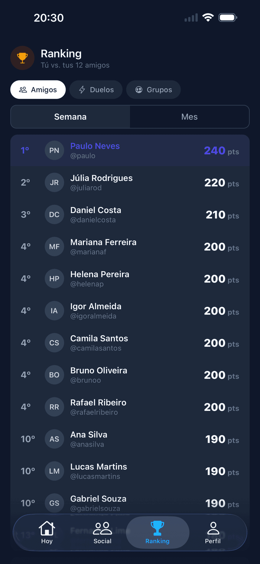 Pantalla de ranking entre amigos