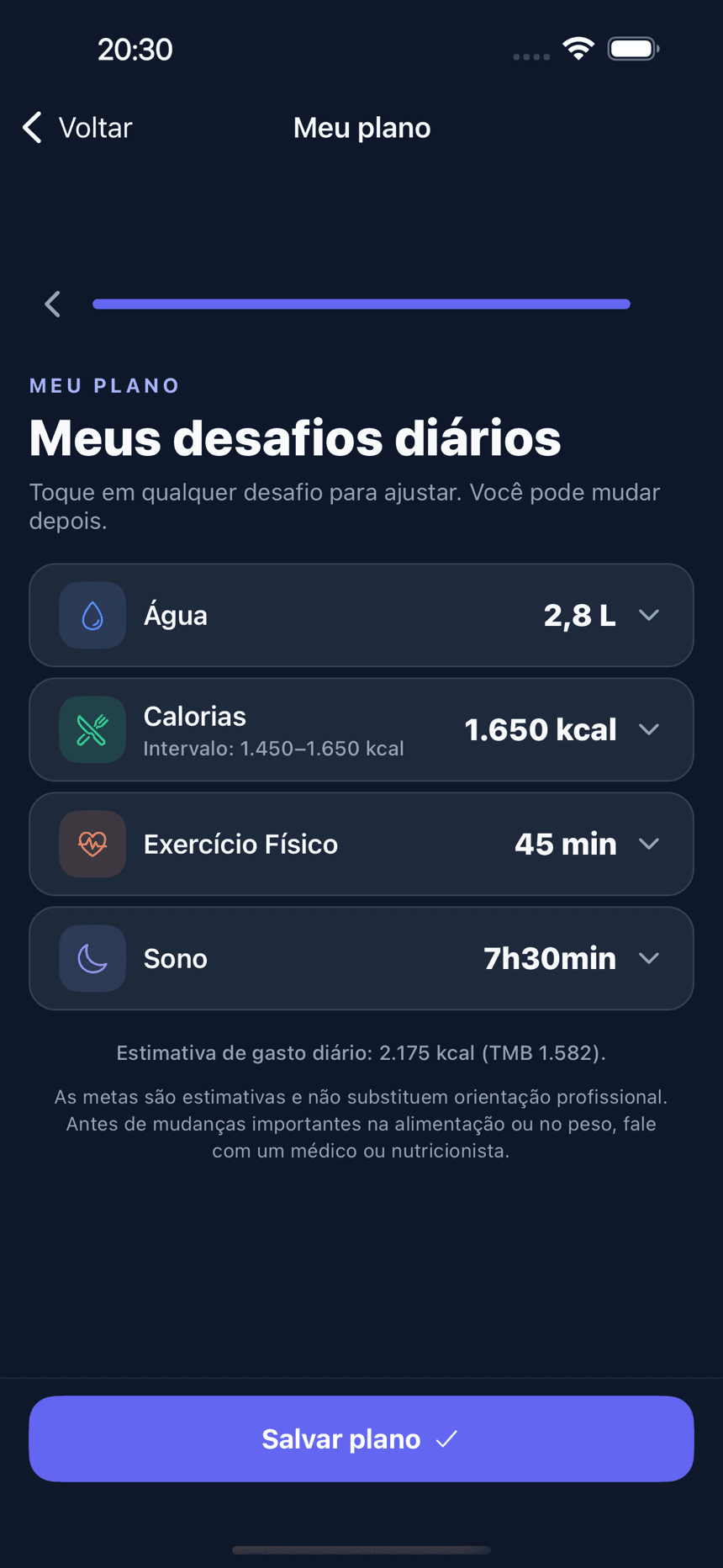 Tela do plano personalizado com as metas dos quatro desafios