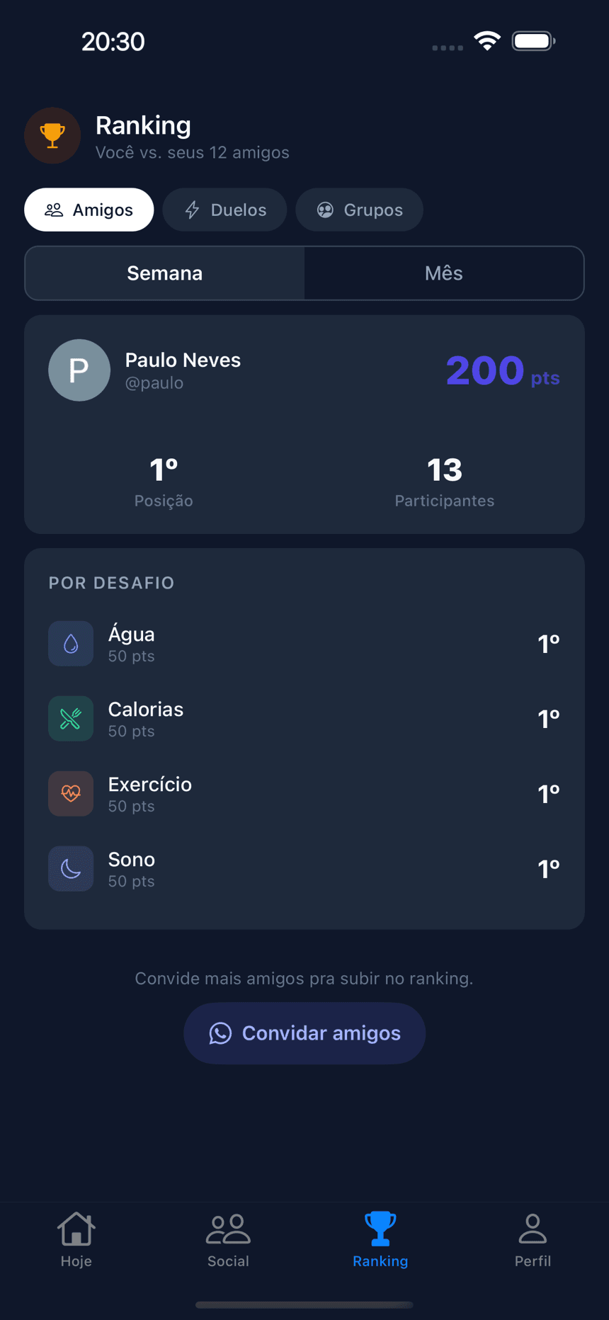 Tela de ranking entre amigos
